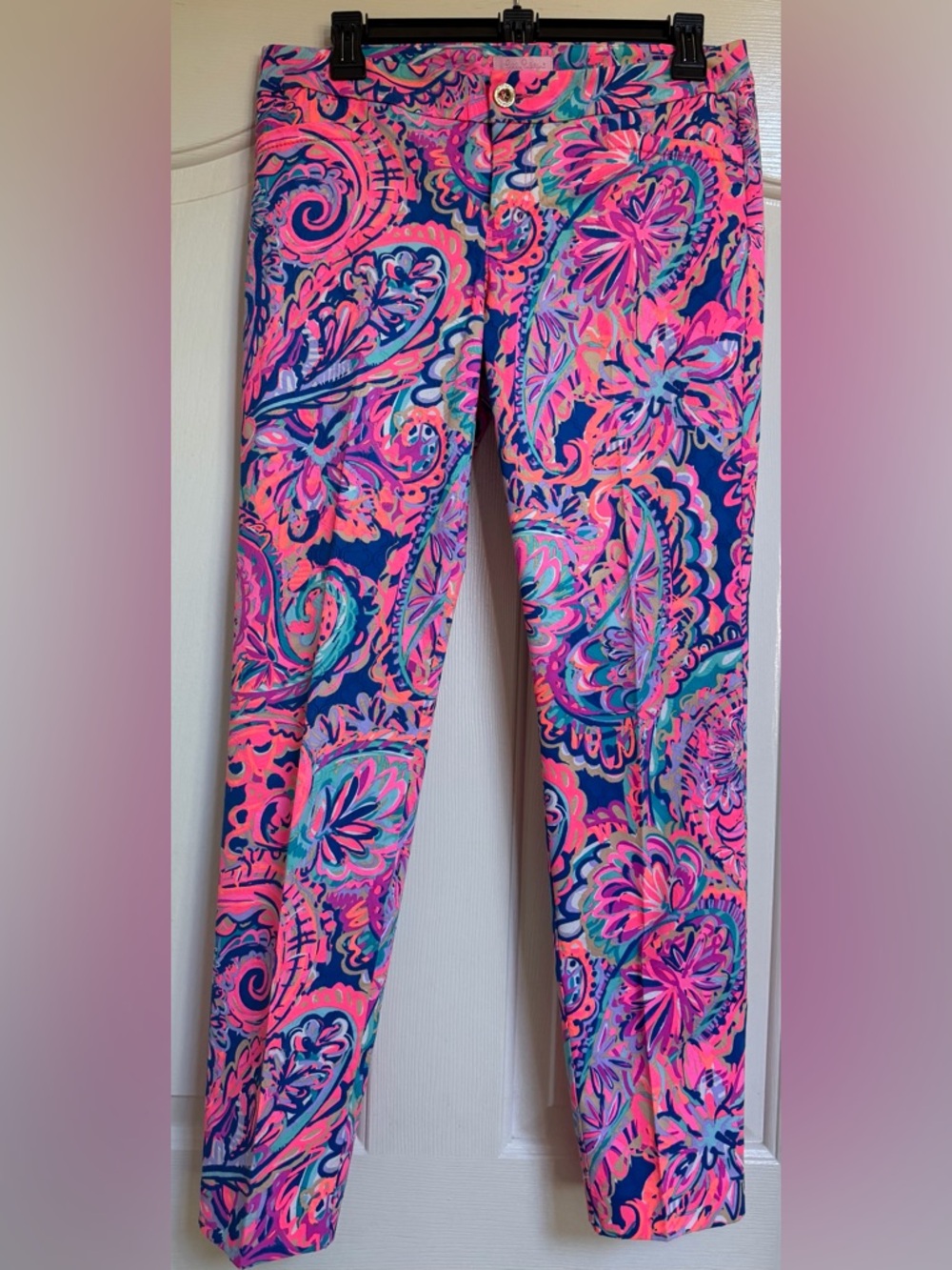 Lilly Pulitzer Print Pants Pink Blue Size 6 Slim Straight Ankle Preppy Resort